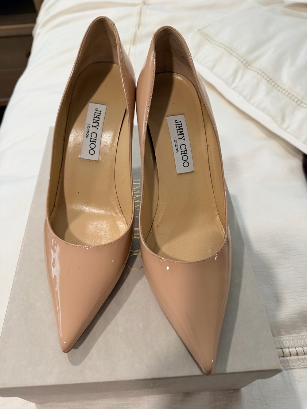 Jimmy Choo “Agnes” Pointed-Toe Pumps in Powder Pink Patent Leather — Size 40